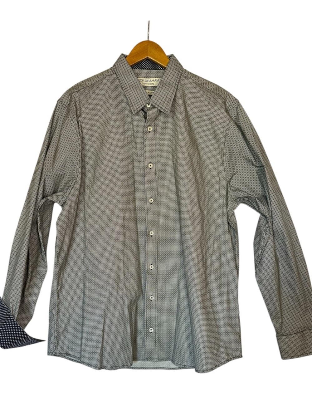 Nick Graham Everywhere Shirt XL Blue Geo Print Polka Dot Cuff Stretch Modern